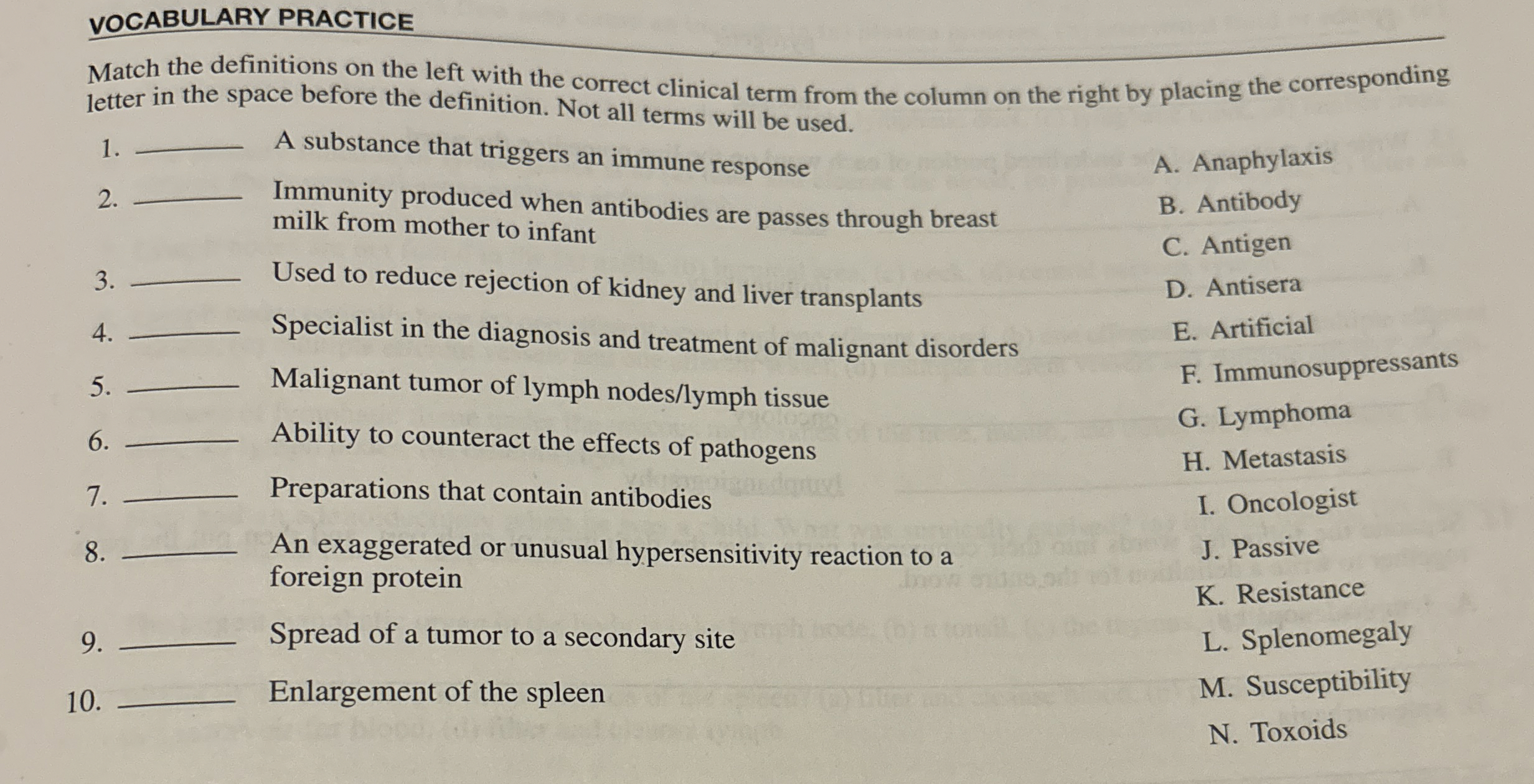 Solved VOCABULARY PRACTICEMatch the definitions on the left
