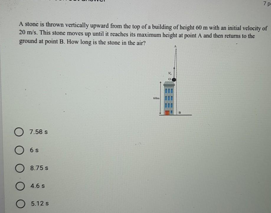 Solved 7 p A stone is thrown vertically upward from the top | Chegg.com