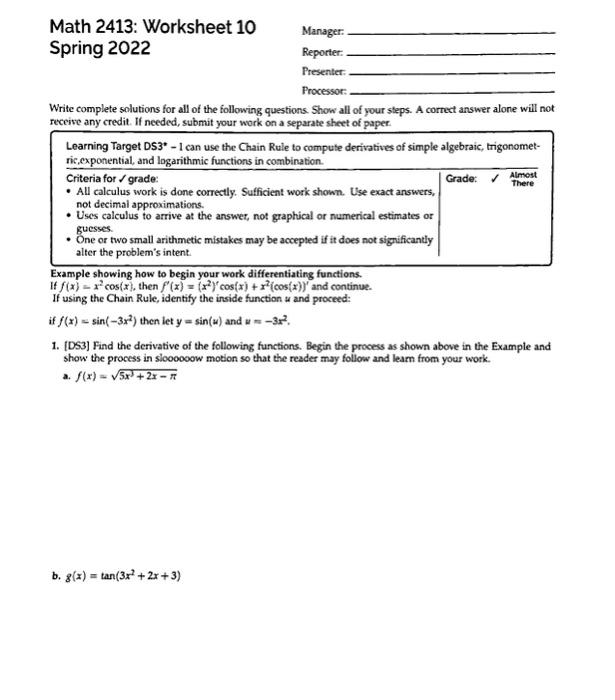 Solved math 2413 worksheet 10 c h x 3cos4 x d chegg