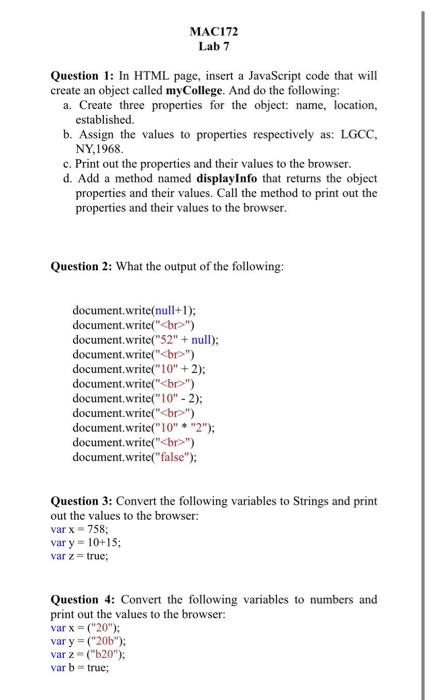 Solved MAC172 Lab 7 Question 1: In HTML page, insert a | Chegg.com
