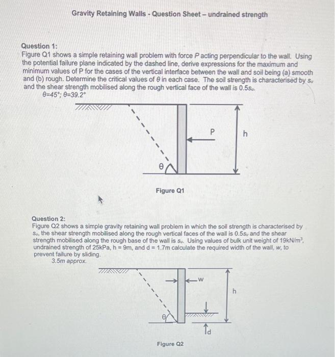 Solved Gravity Retaining Walls Question Sheet undrained
