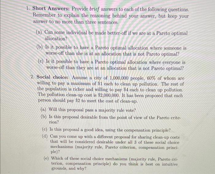 Solved 1. Short Answers: Provide Brief Answers To Each Of | Chegg.com