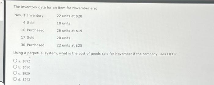 Solved The Inventory Data For An Item For November Are: Nov. | Chegg.com