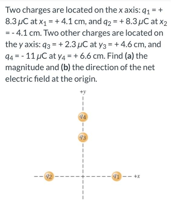 Solved -- Two charges are located on the x axis: 91 8.3 uC | Chegg.com