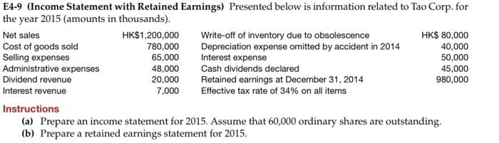 Solved E4-9 (Income Statement with Retained Earnings) | Chegg.com