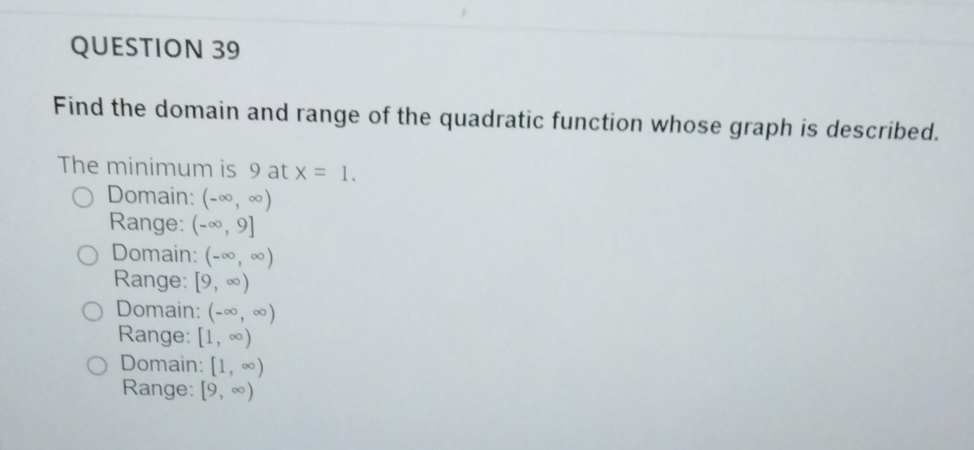 Solved Find the domain and range of the quadratic function | Chegg.com