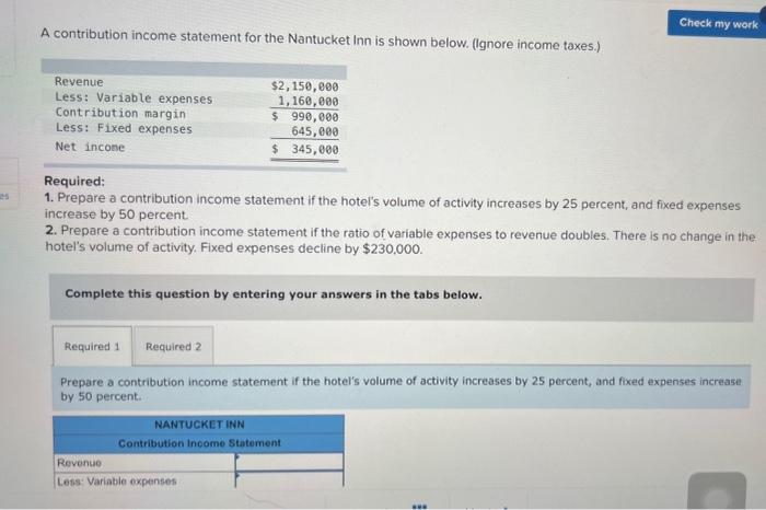 Solved A contribution income statement for the Nantucket Inn | Chegg.com