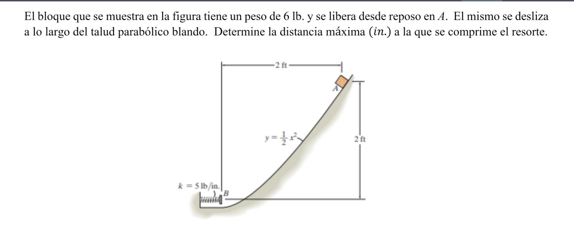 El bloque que se muestra en la figura tiene un peso de \( 6 \mathrm{lb} \). y se libera desde reposo en \( A \). El mismo se