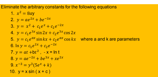 Solved Eliminate the arbitrary constants for the following | Chegg.com