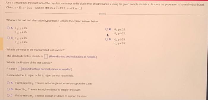 Solved Use a t-test to test the claim about the popolation | Chegg.com
