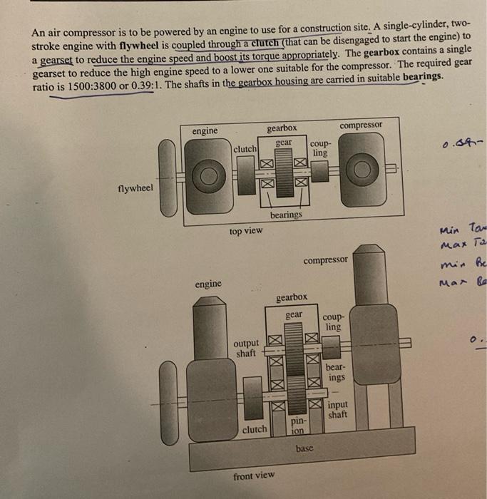 An air compressor is to be powered by an engine to use for a construction site. A single-cylinder, two-
stroke engine with fl