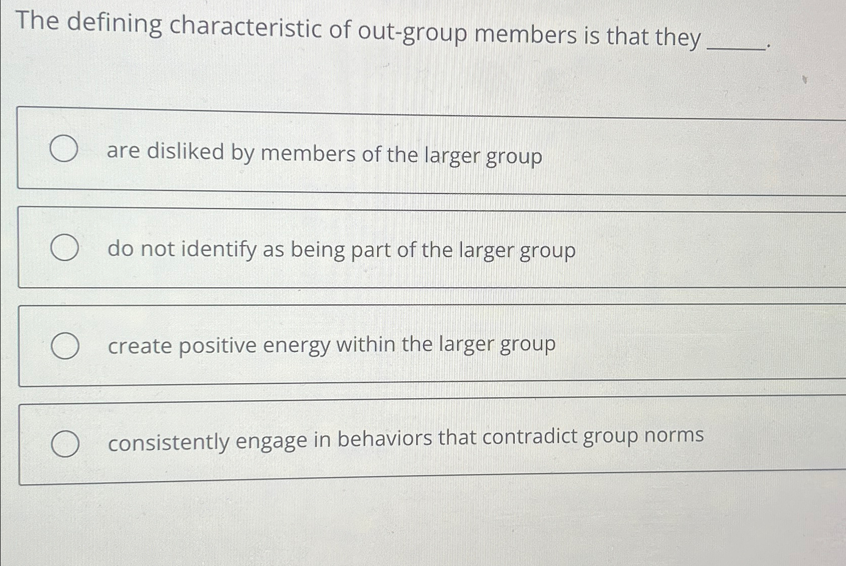 Solved The defining characteristic of out-group members is | Chegg.com