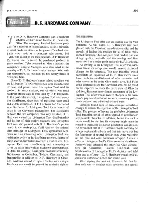 DF HARDWARE COMPANY
307
CASE T-1 D. F. HARDWARE COMPANY
he D. F. Hardware Company was a hardware
wholesalet/distributor locat
