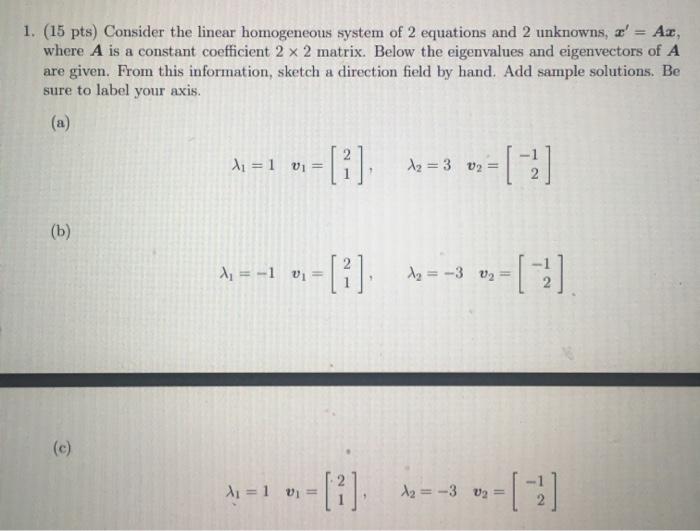 Solved 1. (15 pts) Consider the linear homogeneous system of | Chegg.com