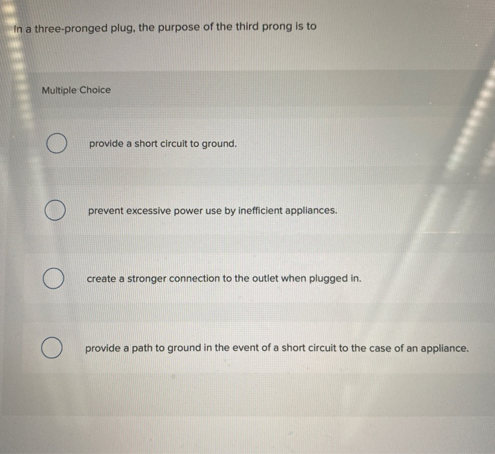 Solved In a threepronged plug, the purpose of the third