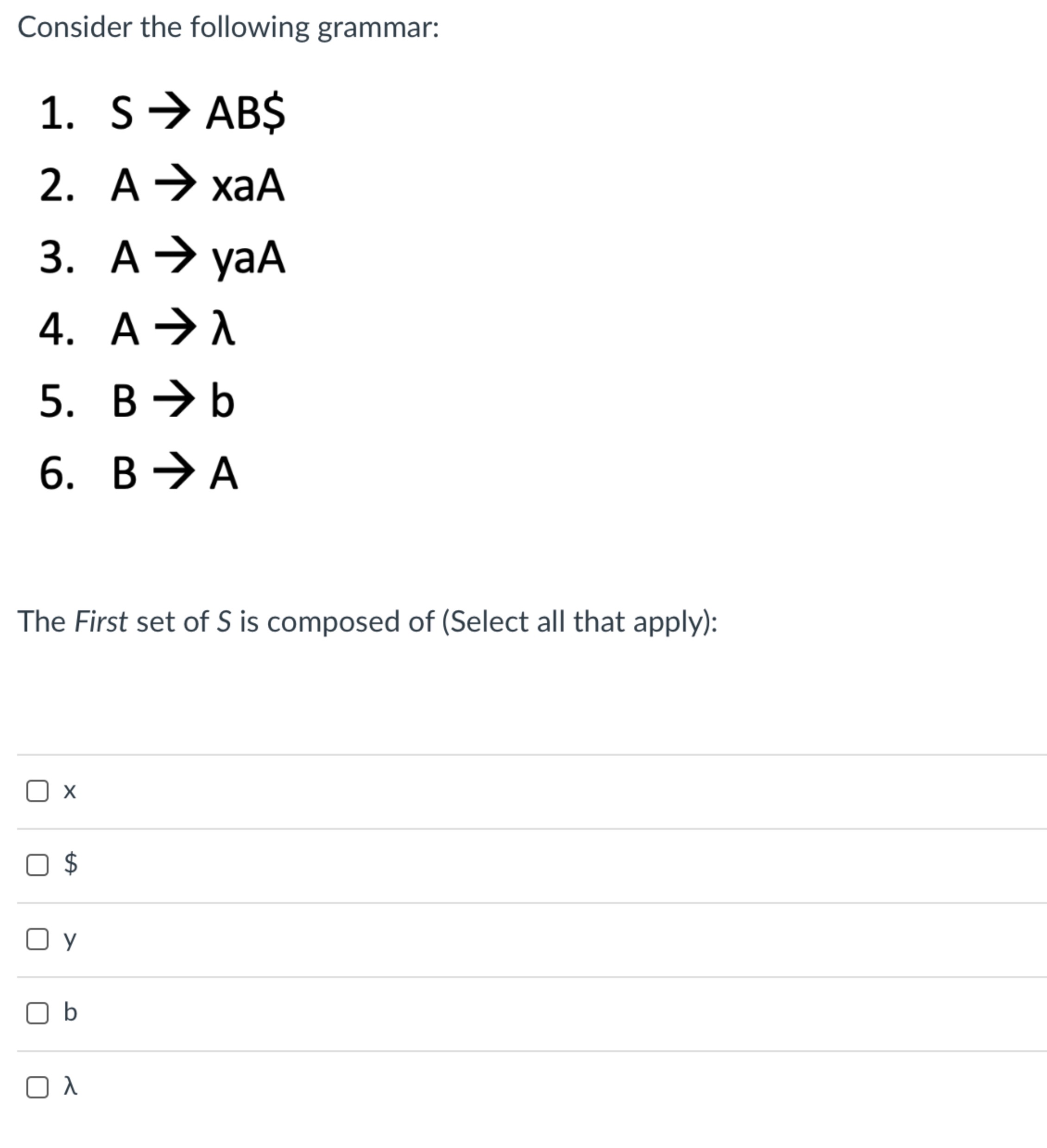 Solved Consider The Following Grammar:S→AB$A→xaAA→ | Chegg.com