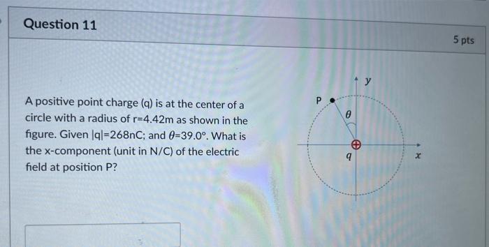 A positive point charge (q) is at the center of a circle with a radius of \( r=4.42 \mathrm{~m} \) as shown in the figure. Gi