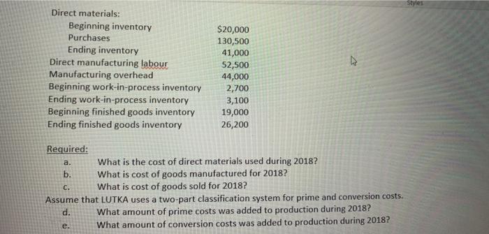 Solved Styles Direct materials: Beginning inventory | Chegg.com