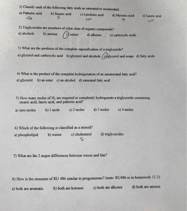 Solved 1) Classify each of the following fatty acids as