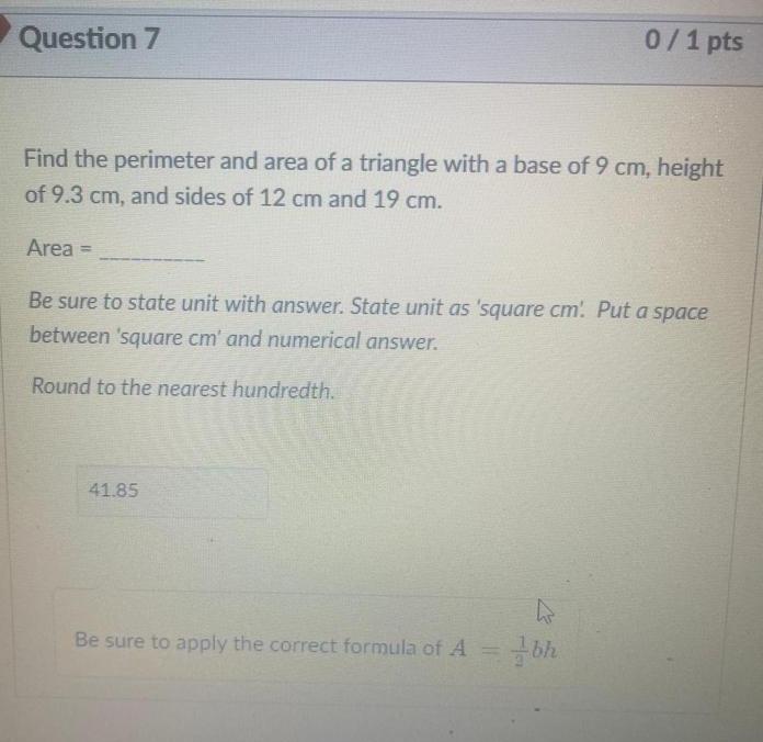 Solved Find the perimeter and area of a triangle with a base | Chegg.com