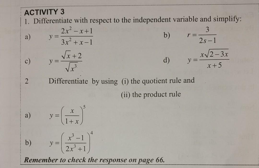 Solved ACTIVITY 3 1. Differentiate with respect to the | Chegg.com