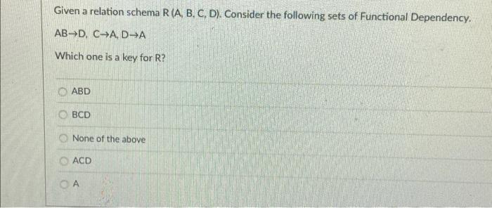 Solved Given A Relation Schema R(A, B, C, D). Consider The | Chegg.com