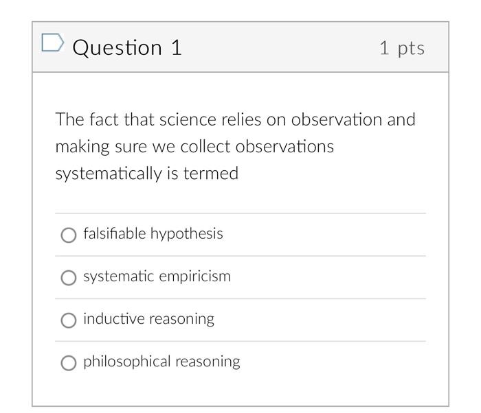 Solved Question 1 1 pts The fact that science relies on | Chegg.com