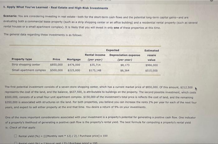 1. Apply What You've Learned - Real Estate And | Chegg.com