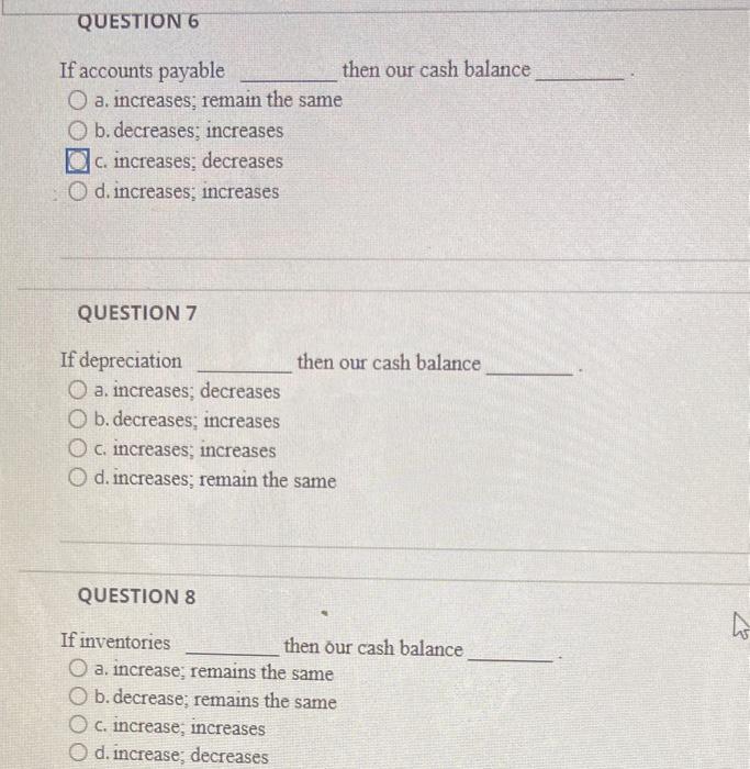 Solved QUESTION 6 If accounts payable then our cash balance | Chegg.com