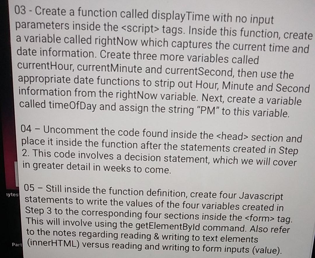 Solved 03 - Create a function called displayTime with no | Chegg.com