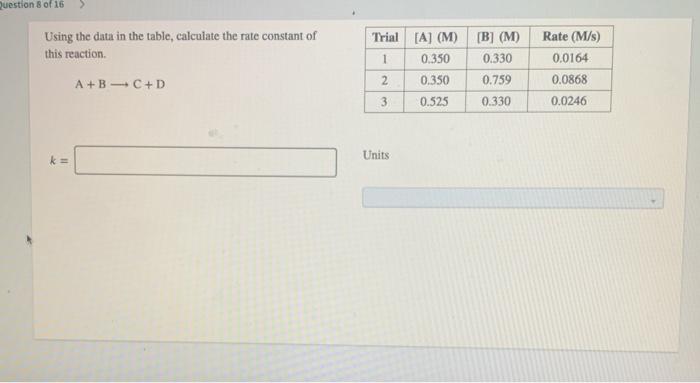 Solved Question 8 of 16 Using the data in the table, | Chegg.com