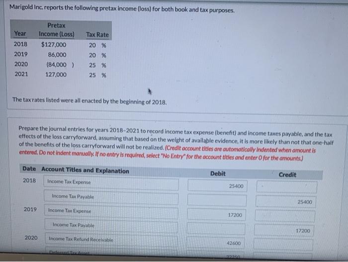 Solved Marigold Inc. reports the following pretax income | Chegg.com