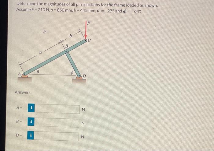 Determine the magnitudes of all pin reactions for the frame loaded as shown. Assume \( F=710 \mathrm{~N}, a=850 \mathrm{~mm},