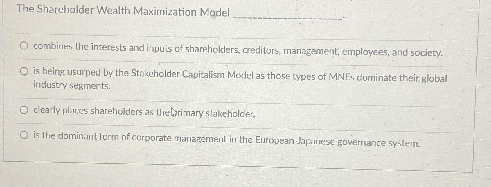 Solved The Shareholder Wealth Maximization Model _combines | Chegg.com