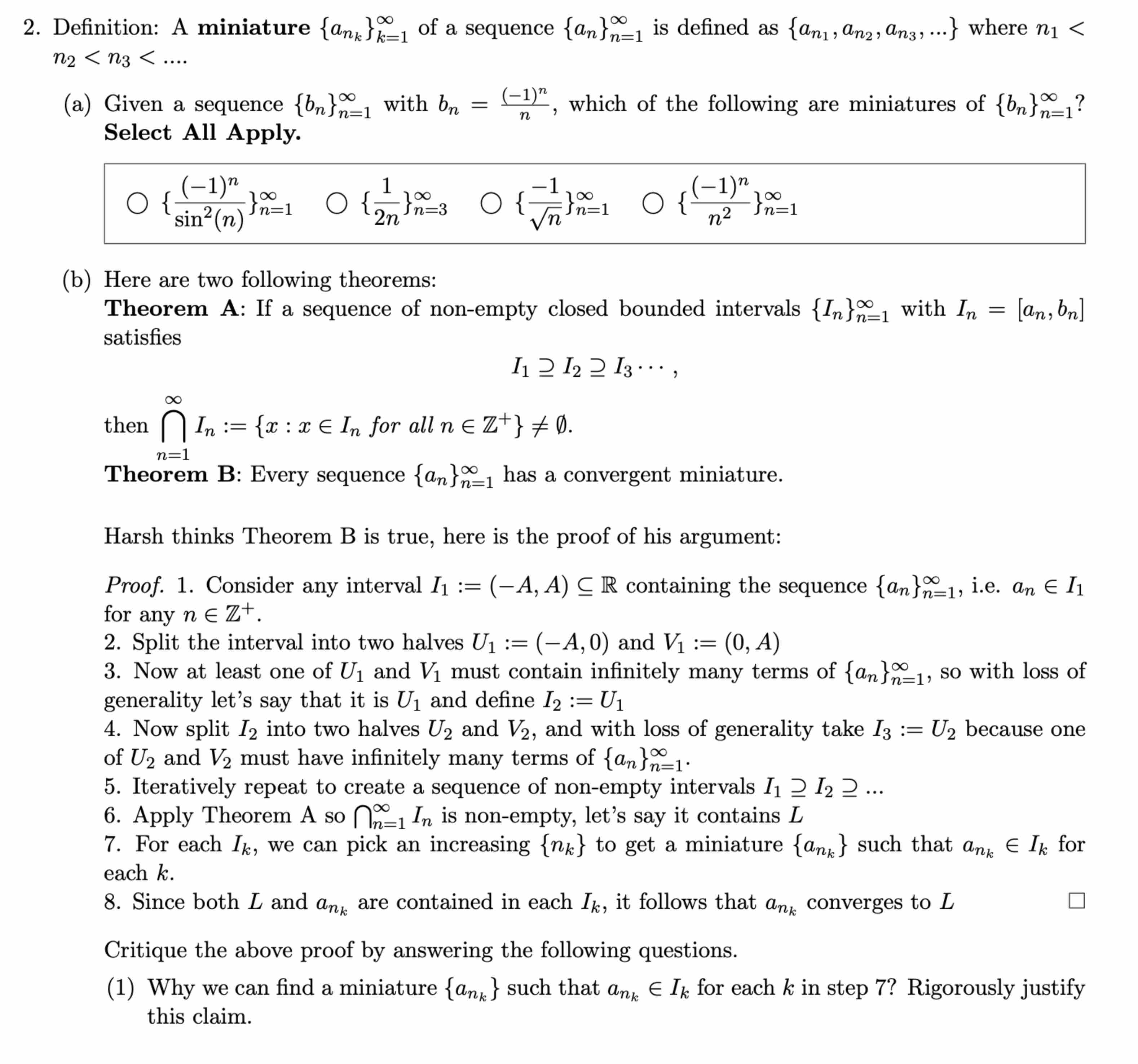 Solved Definition: A miniature {ank}k=1∞ ﻿of a sequence | Chegg.com