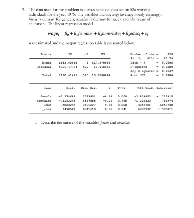 Solved 7. The data used for this problem is a | Chegg.com