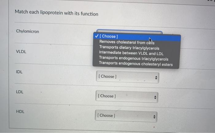 Solved Match each lipoprotein with its function Chylomicron | Chegg.com
