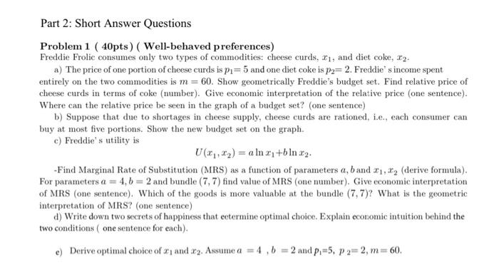 Solved Part 2: Short Answer Questions Problem 1 ( 40pts) | Chegg.com