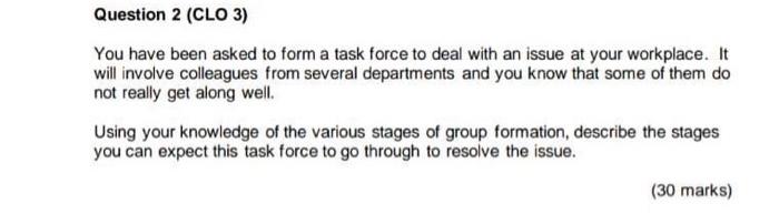 Solved Question 2 (CLO 3) You have been asked to form a task | Chegg.com