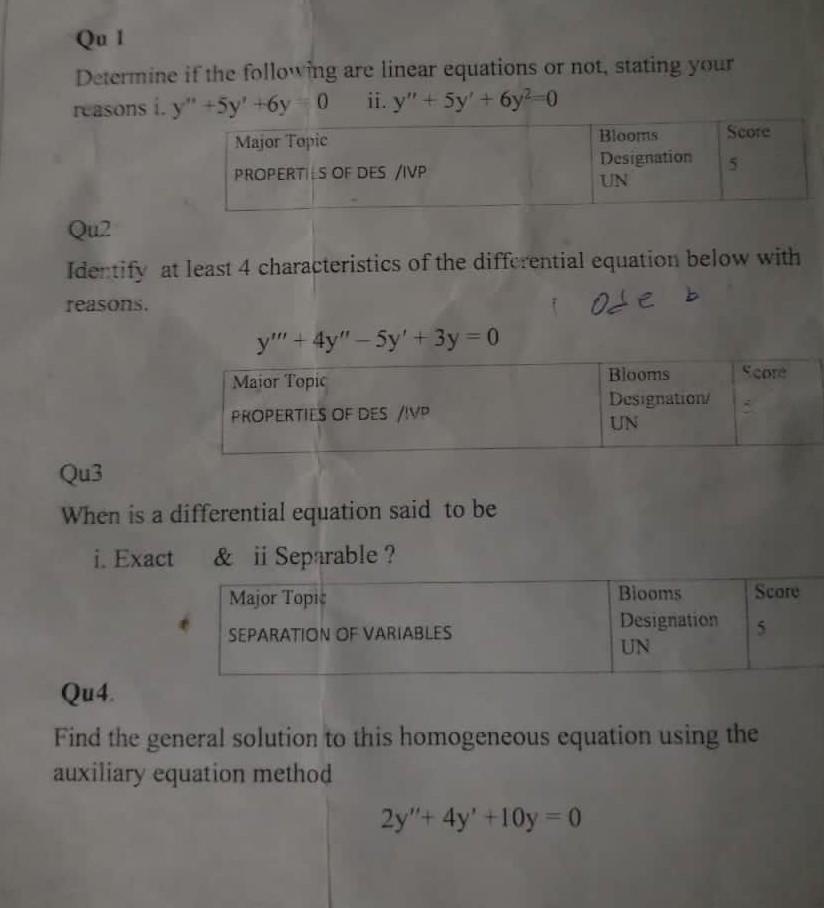 Solved Qu 1 Determine if the following are linear equations | Chegg.com
