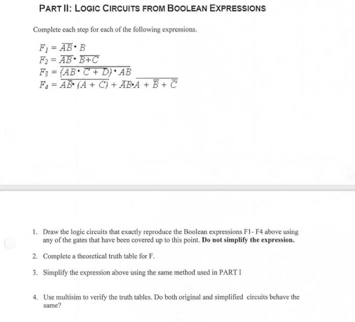 Solved PART II: LOGIC CIRCUITS FROM BOOLEAN EXPRESSIONS | Chegg.com