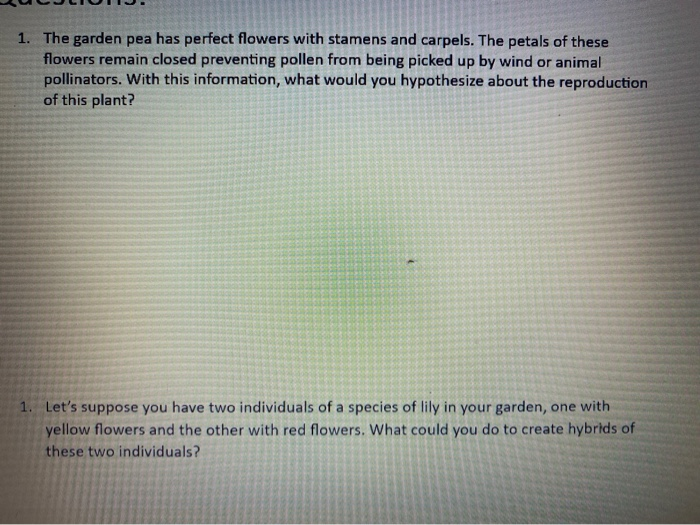 Solved 1. The garden pea has perfect flowers with stamens | Chegg.com