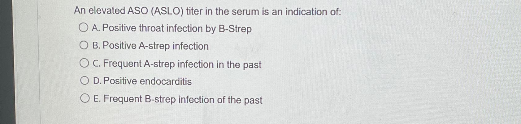 Solved An Elevated ASO (ASLO) ﻿titer In The Serum Is An | Chegg.com