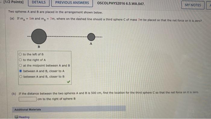 Solved [1/2 Points) DETAILS PREVIOUS ANSWERS OSCOLPHYS2016 | Chegg.com