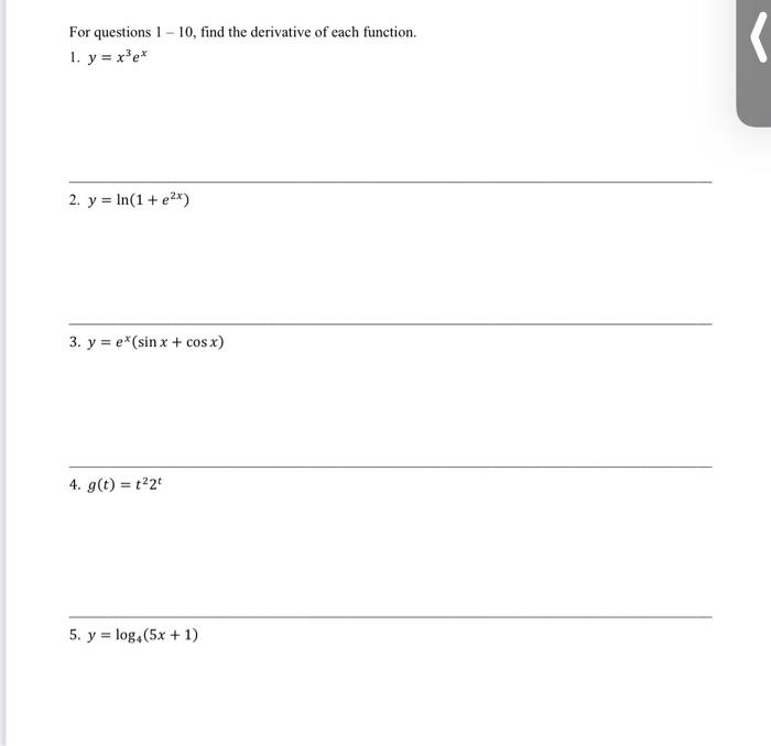 Solved For questions 1 - 10, find the derivative of each | Chegg.com