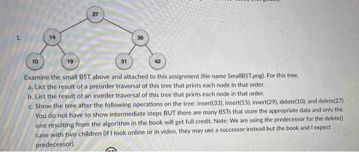 Solved 27 1. 14 35 10 31 42 Examine the small BST above and | Chegg.com