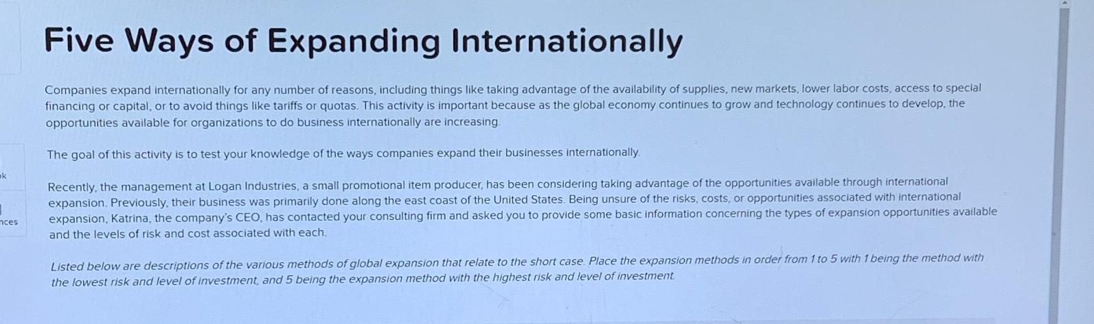 Solved Five Ways of Expanding Internationally opportunities | Chegg.com