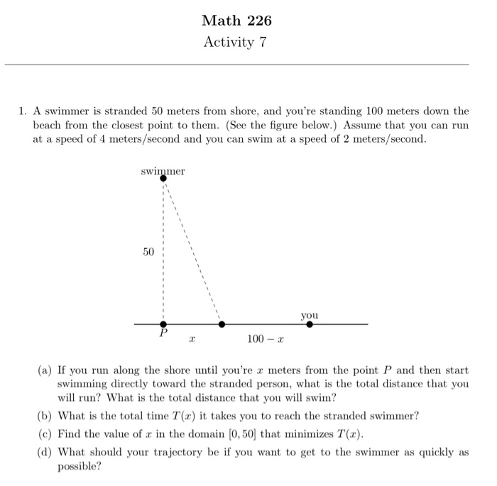 Solved Math 226 Activity 7 1. A swimmer is stranded 50 | Chegg.com