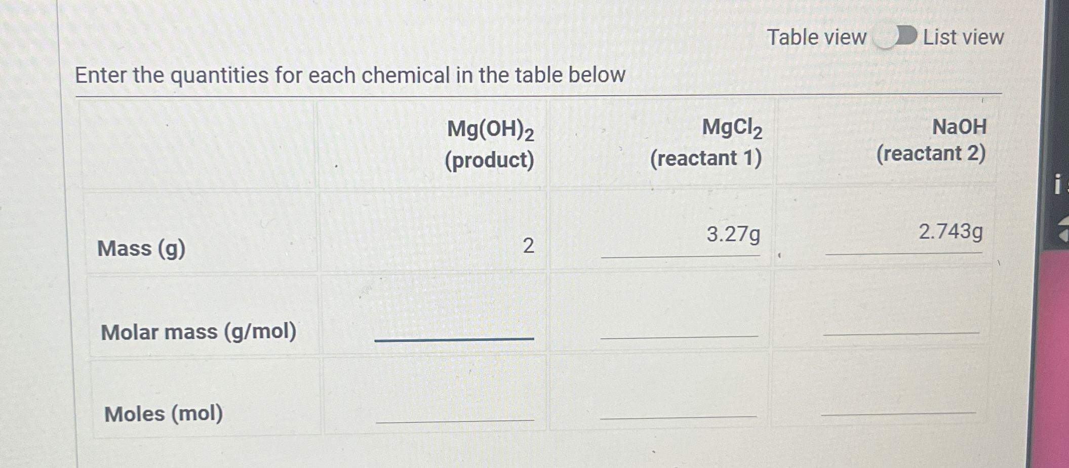 Solved Enter the quantities for each chemical in the table | Chegg.com
