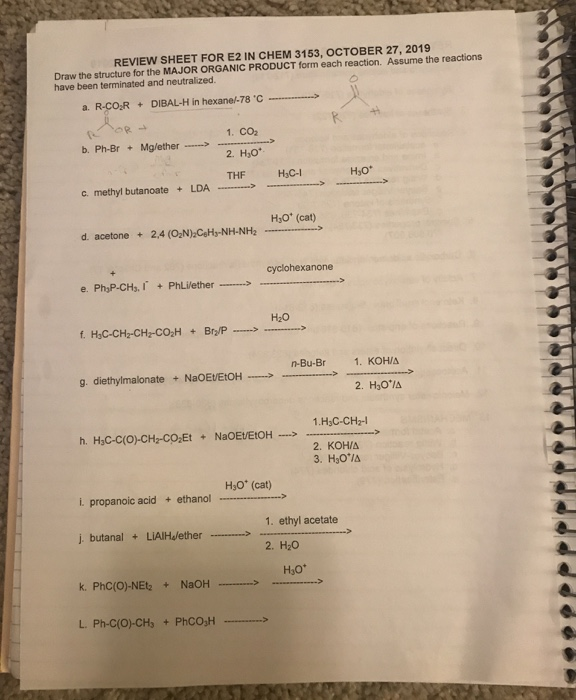 Solved REVIEW SHEET FOR E2 IN CHEM 3153, OCTOBER 27, 2019 | Chegg.com